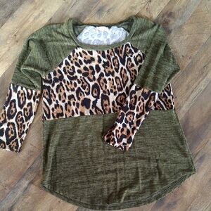 Leopard Print Olive Green Women's Blouse